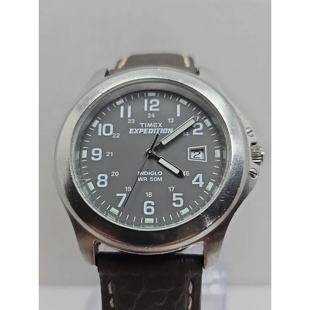 Timex Expedition Indiglo WR50M Date Field Watch Quartz New Battery Leather Strap